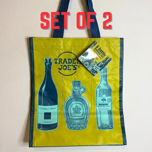 LOT 2x — Trader Joe’s 6 Bottle Wine Drink Beverage Carrier Gift Grocery Tote Bag - Picture 1 of 12
